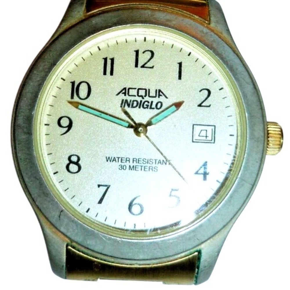 Acqua Indiglo Timex Watch Two Tone Gold Silver Expansion Band Date Water Resist